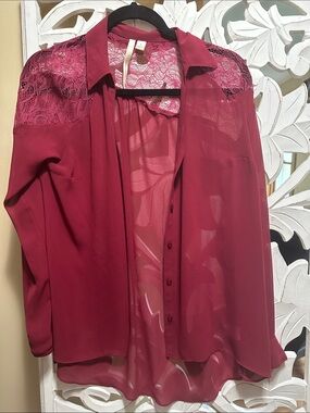 LC Lauren Conrad Burgundy Lace-Yoke Button Down Blouse